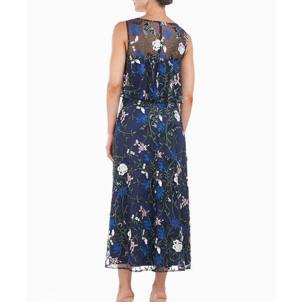 JS Collections Amira Popover Tea Dress 2 XS Floral Embroidered Midi Sequin Navy - Picture 6 of 13